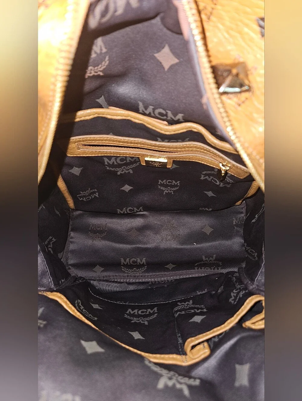 MCM Cognac Logo Studded Visetos Backpack with Gold Hardware